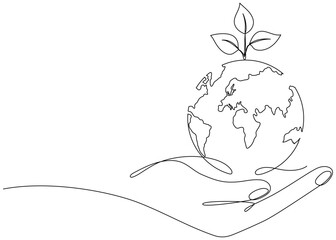 Poster - Human hands holding Earth globe with leaves continuous line drawn. Linear world map with plant. Save Planet concept. World environment day symbol. Vector illustration isolated on white.