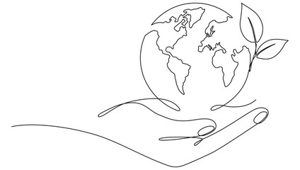 Wall Mural - Human hands holding Earth globe with leaves continuous line drawn. Linear world map with plant. Save Planet concept. World environment day symbol. Vector illustration isolated on white.