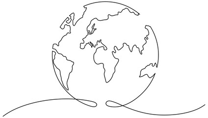 Wall Mural - Earth continuous line drawing symbol. World map one line art. Earth globe hand drawn. Vector illustration isolated on white background.