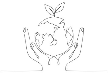 Poster - Human hands holding Earth globe with leaves continuous line drawn. Linear world map with plant. Save Planet concept. World environment day symbol. Vector illustration isolated on white.