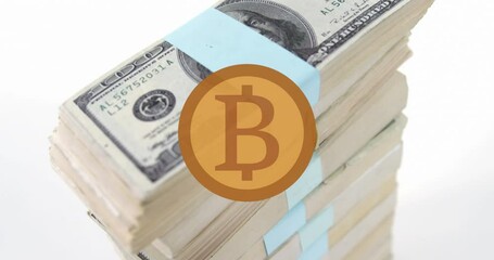 Poster - Animation of bitcoin over tower of banknotes on white background