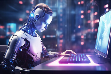 Photo Chat with AI, Ai technology, Artificial Intelligence. man using technology smart robot AI, artificial intelligence by enter cmmand prompt for generates amazing things, Generative AI
