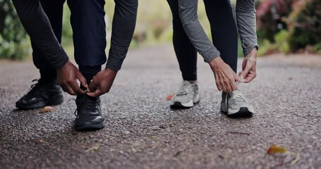 Poster - People, hands and sneakers, tie shoelace and start run, fitness and cardio with couple of friends outdoor. Sport, health and exercise in street, closeup of shoes with runner ready for workout or race