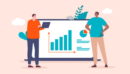 Aufkleber - Business chart and people - Two men working in office with computer and rising graph and diagram. Financial growth and great result concept, flat design vector illustration