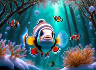 Wall Mural - Snowy scene with clownfish in saltwater aquarium tank and snowfall forest in background (AI Generated)