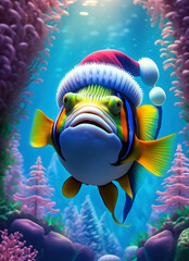 Wall Mural - Snowy scene with clownfish in saltwater aquarium tank and snowfall forest in background (AI Generated)