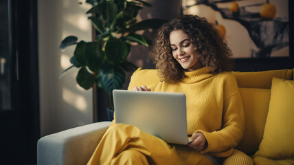 Happy woman working on laptop at home