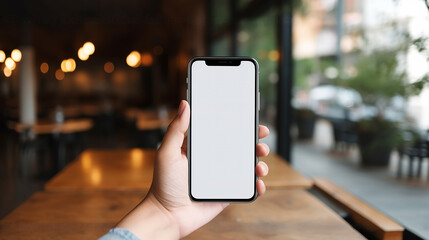 mockup image of a woman holding and using mobile phone with blank desktop screen