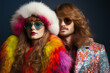 © Margo Alexa - Glam rock style. Portrait of a glamorous attractive couple in fashionable bright clothes and glasses against a studio background.