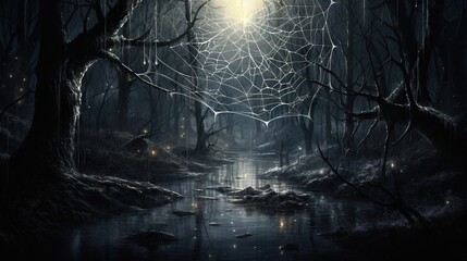 Sticker -  a spider web hanging over a river in a forest at night.  generative ai