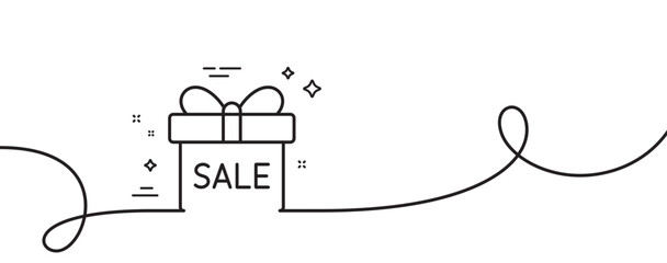 Aufkleber - Gift box line icon. Continuous one line with curl. Present or Sale sign. Birthday Shopping symbol. Package in Gift Wrap. Sale offer single outline ribbon. Loop curve pattern. Vector