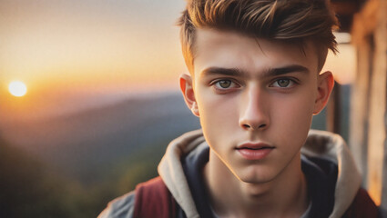 Portrait of a teenage boy with a captivating face against a golden sunset backdrop, perfect for youth-focused advertising and editorial content.