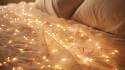 Sticker -  a bed with a white comforter covered in white lights.  generative ai