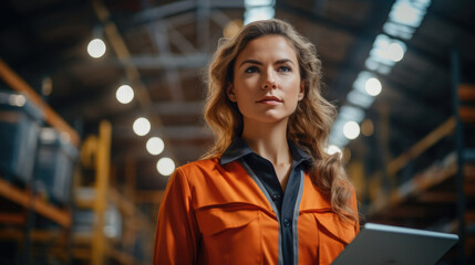Aufkleber - Women Industrial Specialist Working in a Metal Manufacturer Warehouse.