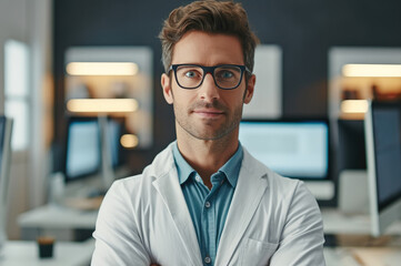 Leinwandbilder - Successful software developer standing with arms crossed and smiling at office.