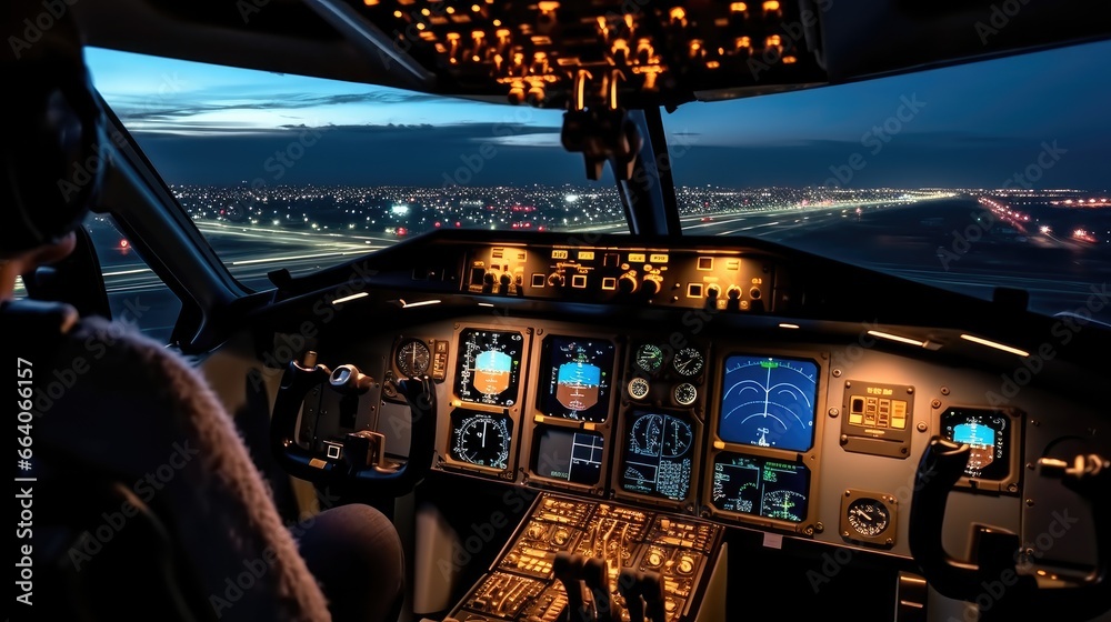 Controls and dashboards in the cockpit of an aircraft.