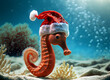Seahorse in Xmas spirit swim underwater in aquarium with snowfall (AI generated)