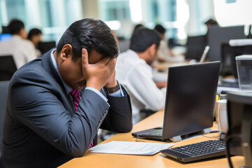 Wall Mural - Office worker experiencing a headache, feeling stressed amidst deadlines. Work pressure, intense workplace strain