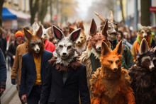 Crowd Of Individuals Wearing Animal Outfits Marching Down The City Streets