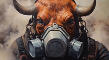 A Painting Of A Bull With A Gas Mask On It