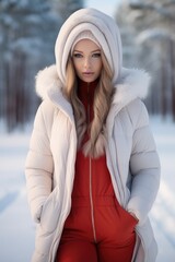 Sticker - Beautiful woman in red gloves and hood standing in nature in winter.