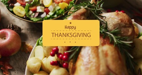 Poster - animation of happy thanksgiving over dinner on table background