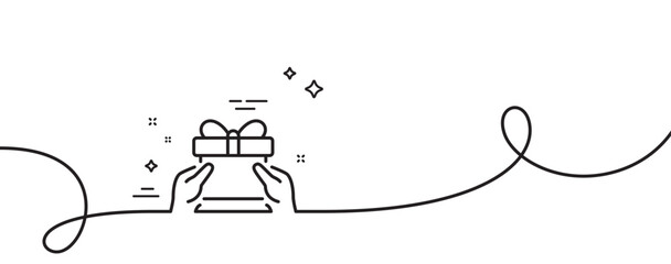 Poster - give a gift box line icon. continuous one line with curl. present or sale sign. birthday shopping sy