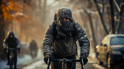 Cyclist demonstrating winter bike commute with efficient thermal gear on 