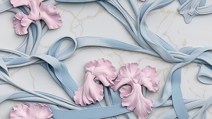 Poster -  a wallpaper with pink flowers and blue ribbons on it.  generative ai