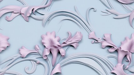 Poster -  a pattern of pink flowers on a light blue background with swirls.  generative ai