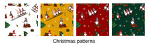 Christmas Seamless Pattern. New Year's Pattern Of Cute Gnomes With A Christmas Tree And On A Sleigh.