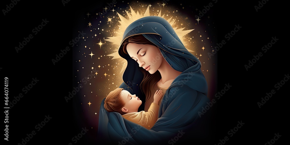Illustration Stock Holy Mary smiling and holding, hugging her infant ...