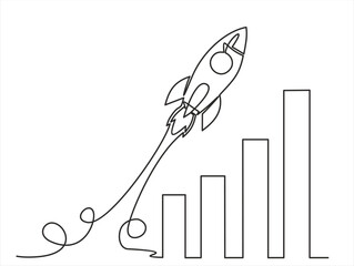 Poster - continuous line drawing of Rocket launch, ship and increasing up arrows bar graph.Continuous line drawing. Startup business. Vector illustration. Isolated on white background. 