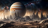 Fototapeta  - fantasy space artwork with Jupiter rising over the surface of one of its moons with stars and nebula in the sky