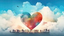 Colorful People Near A Heart Shaped Background With Clouds Generative AI