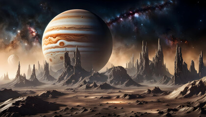 fantasy space artwork with jupiter rising over the surface of one of its moons with stars and nebula