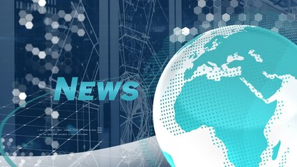 Poster - Animation of news text banner with spinning globe and plexus networks against computer server room