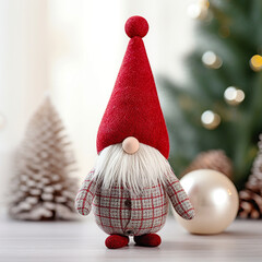 Close up of handcrafted christmas gnome figurine standing on wooden floor in living room, scandinavian winter holiday decoration, nordic dwarf with red hat. New Year accent decor in home interior.