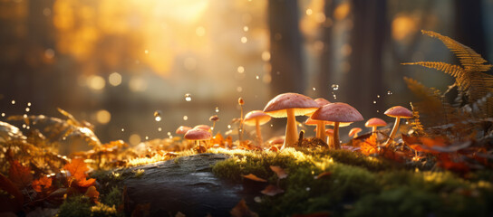 Wall Mural - Autumn seasonal background, little mushrooms growing on a tree trunk in wet moss and fallen leaves, on forest floor under rain drops and autumnal sun - Fall season magical ambience