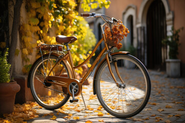 Canvas Print - A vintage bicycle leaning against a brick wall covered in ivy, evoking a sense of nostalgia and timeless charm. Concept of vintage aesthetics. Generative Ai.