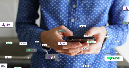 Poster - Animation of social media text and icons over caucasian man with smartphone at home