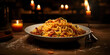 Spaghetti Bolognese, photorealistic, twirled around a fork, parmesan sprinkle, rustic wooden table, candlelit atmosphere
