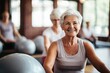 Woman in a Pilates class. Background with selective focus and copy space