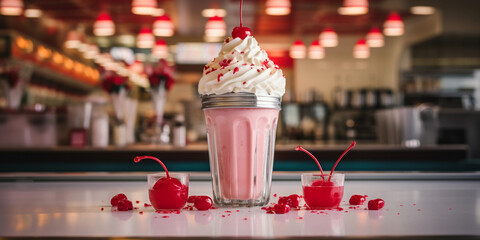 Wall Mural - Vibrant milkshake with whipped cream and cherry on top, retro diner setting, stainless steel countertop, mirror - like reflections