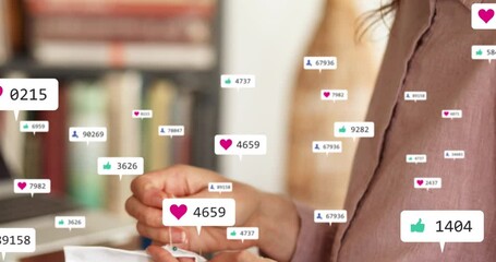 Poster - Animation of social media text and icons over caucasian woman sawing at home