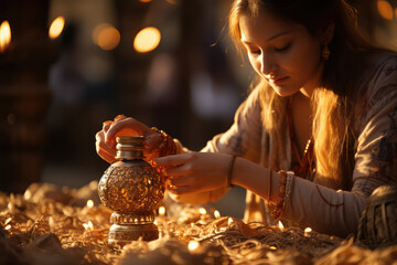 Poster - A Bodhi Day prayer wheel being spun by a devotee, sending out positive intentions and blessings into the world. Generative Ai.