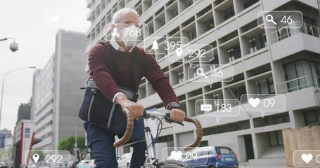 Poster - Animation of social media text and icons over caucasian man in face mask riding bike in city