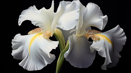  two white flowers with yellow stamens on a black background.  generative ai