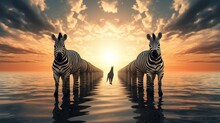  Two Zebras Standing In The Water With A Person In The Background.  Generative Ai