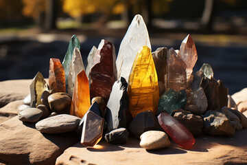 Poster - A collection of ancient stone tools, showcasing the technological advancements of early humans. Concept of Paleolithic archaeology. Generative Ai.